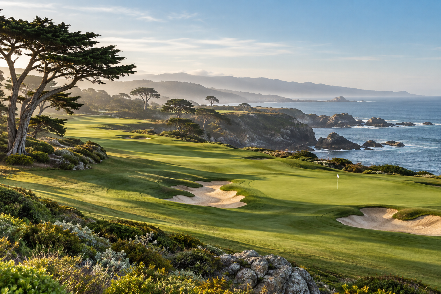 Coastal golf among cypress trees and ocean cliffs