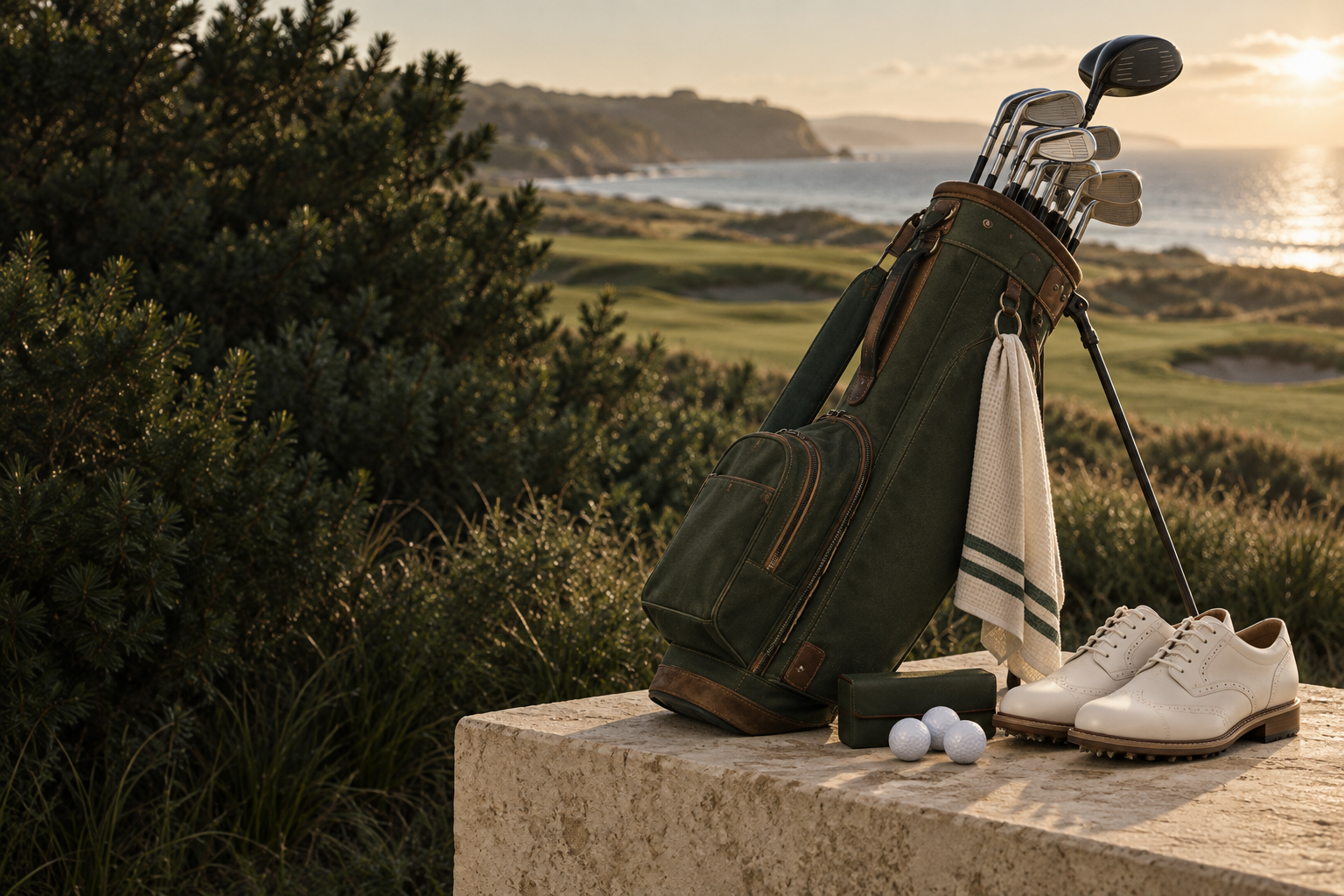 Golf essentials beside a sunlit fairway