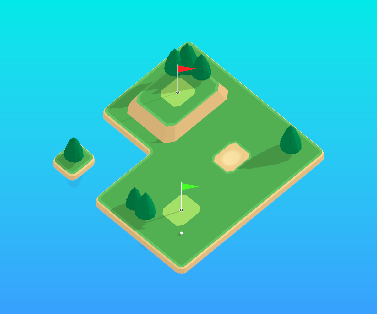 Terrace Practice: a sculpted island course with two greens, red flags, trees and a raised plateau